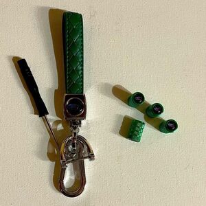 Ford logo fob Keychain in green leather & valve Stem Caps in green NWT
